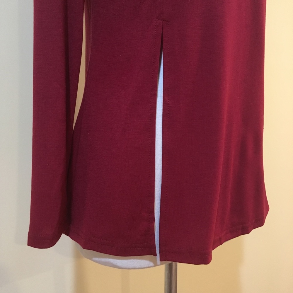 💥 SALE Side Split Mock Neck Long Sleeve Knit Top Burgundy - Picture 6 of 9